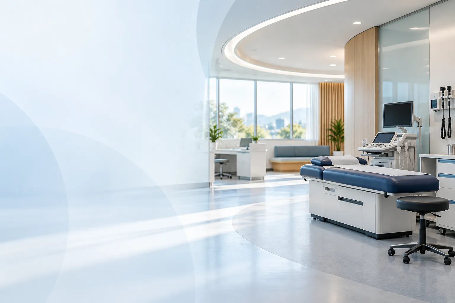 AI-generated example of a bright screening room and examination equipment, not a real provider.